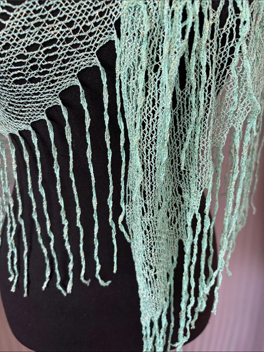 Light Mint w/Gold Threading Knit Fringe Shawl Scarf